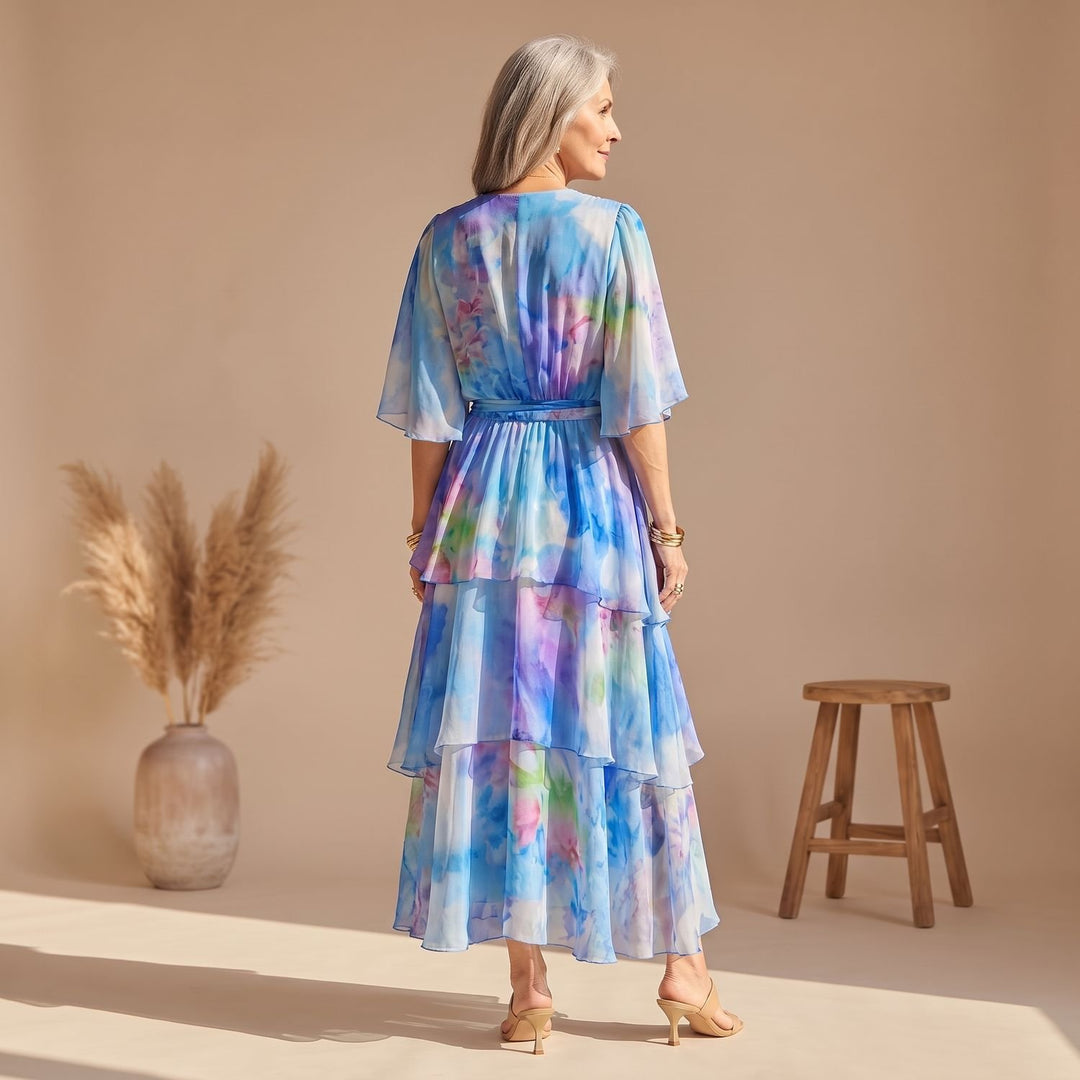 Damen Elegantes Midikleid mit Wasserfarben-Print Wickelstil Volants