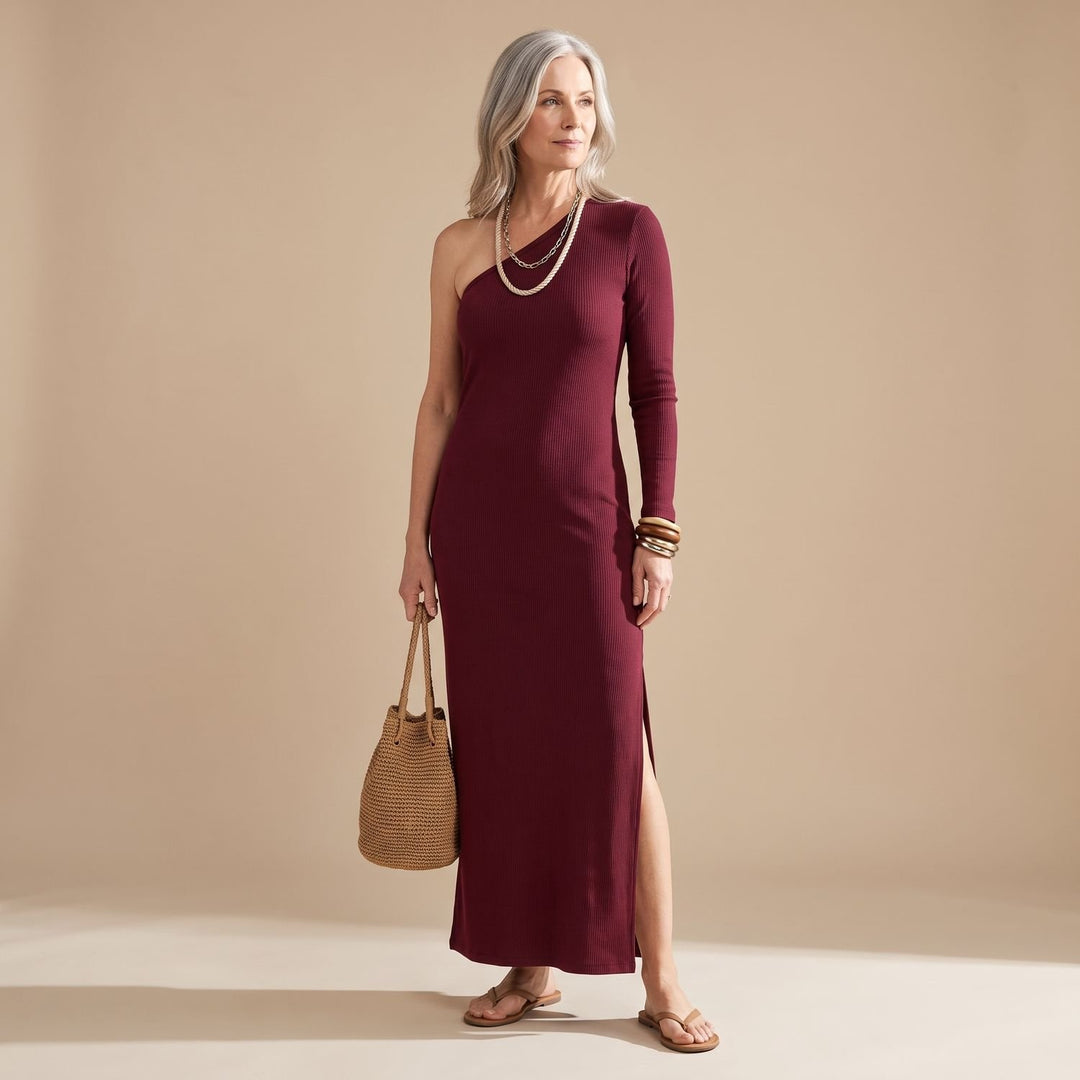 Damen Elegantes One-Shoulder Maxi-Abendkleid mit Seitenschlitz - Burgunderrot