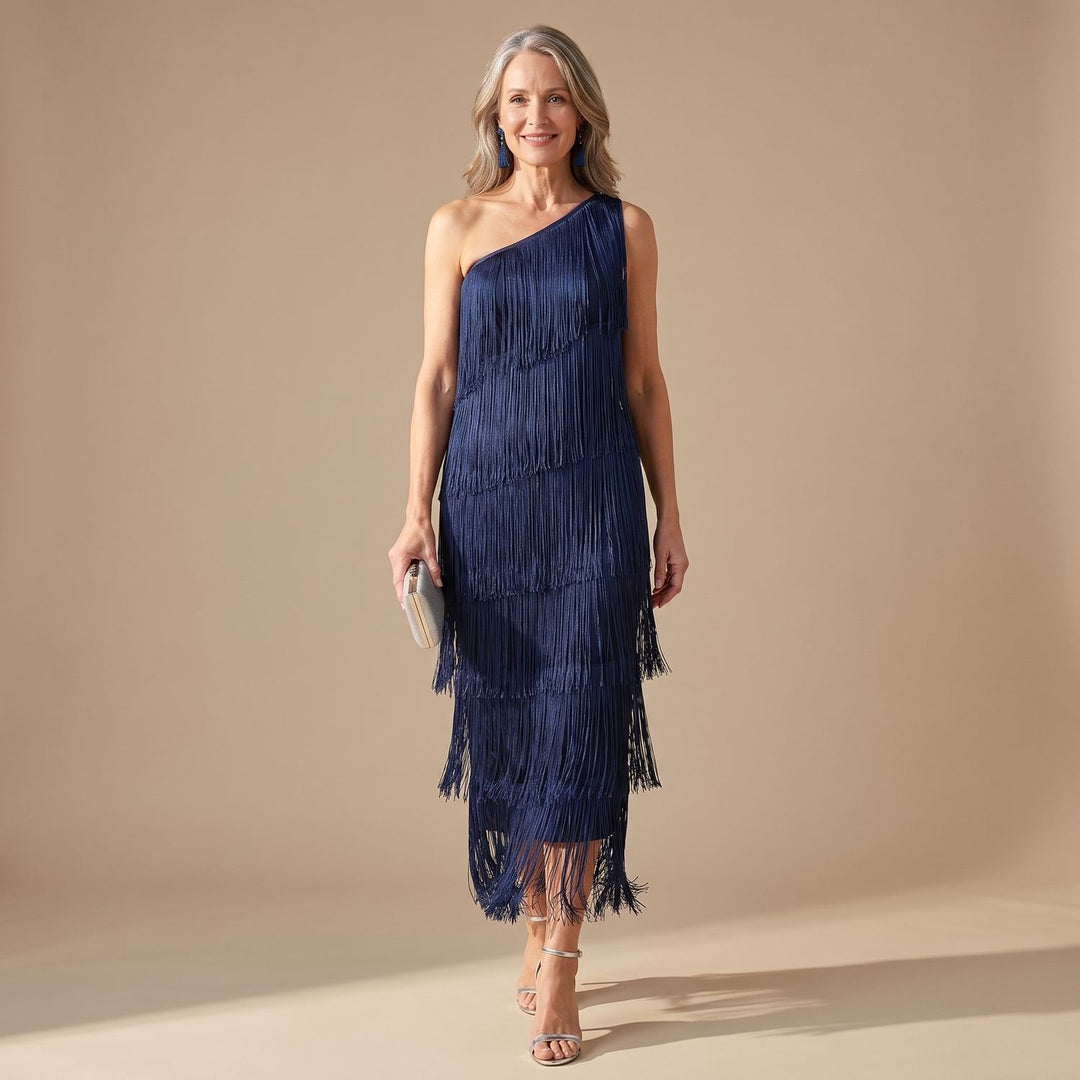 Damen Elegantes One-Shoulder Maxi-Kleid mit Fransen - Navyblau
