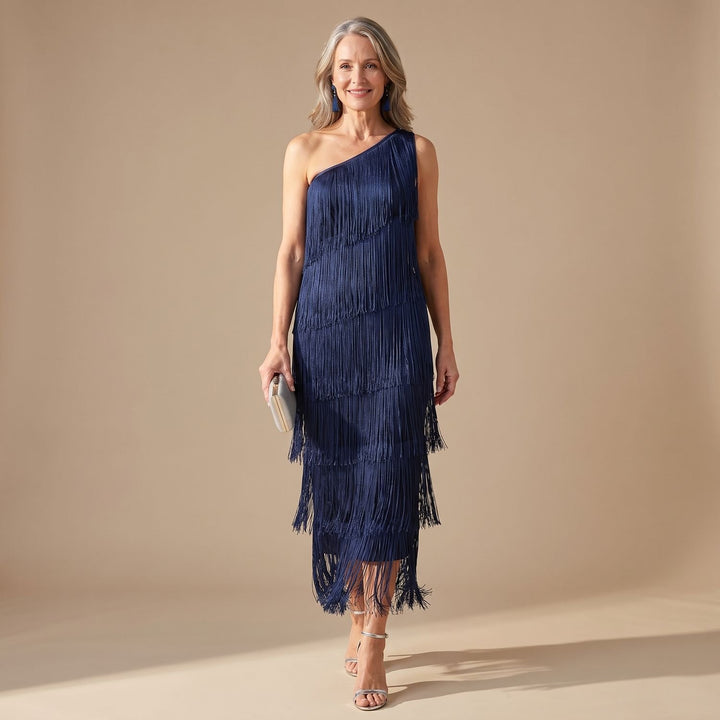 Damen Elegantes One-Shoulder Maxi-Kleid mit Fransen - Navyblau