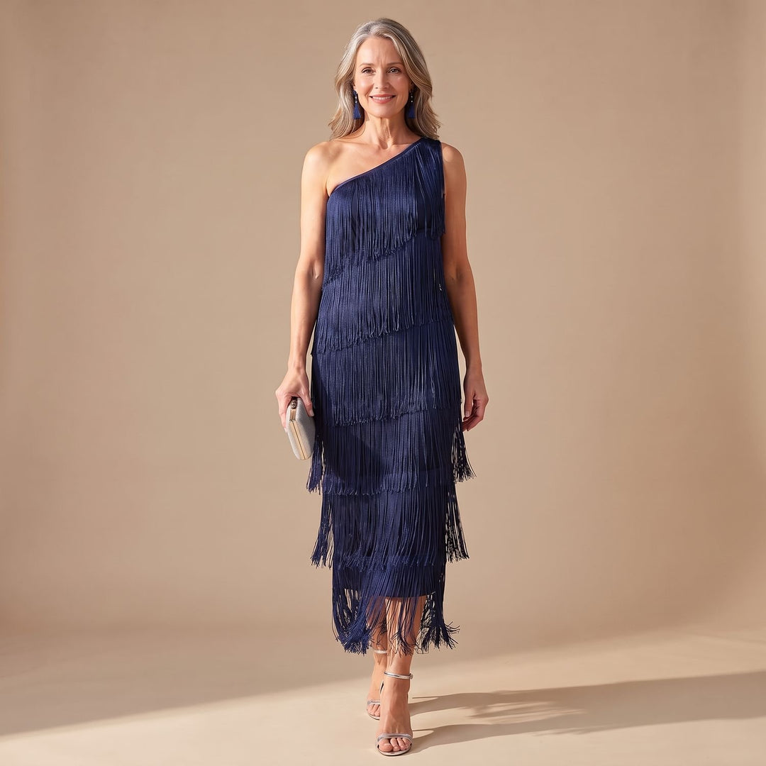 Damen Elegantes One-Shoulder Maxi-Kleid mit Fransen