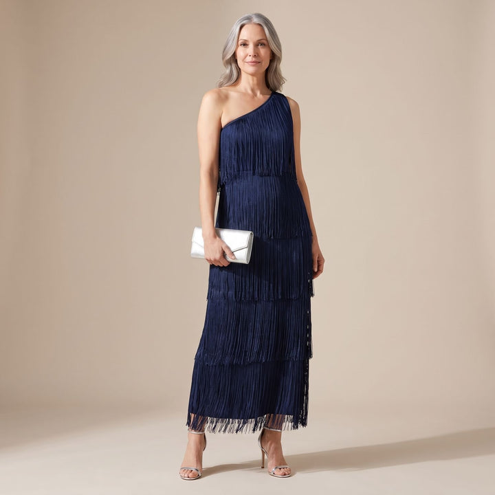 Damen Elegantes One-Shoulder Maxi-Kleid mit Fransen