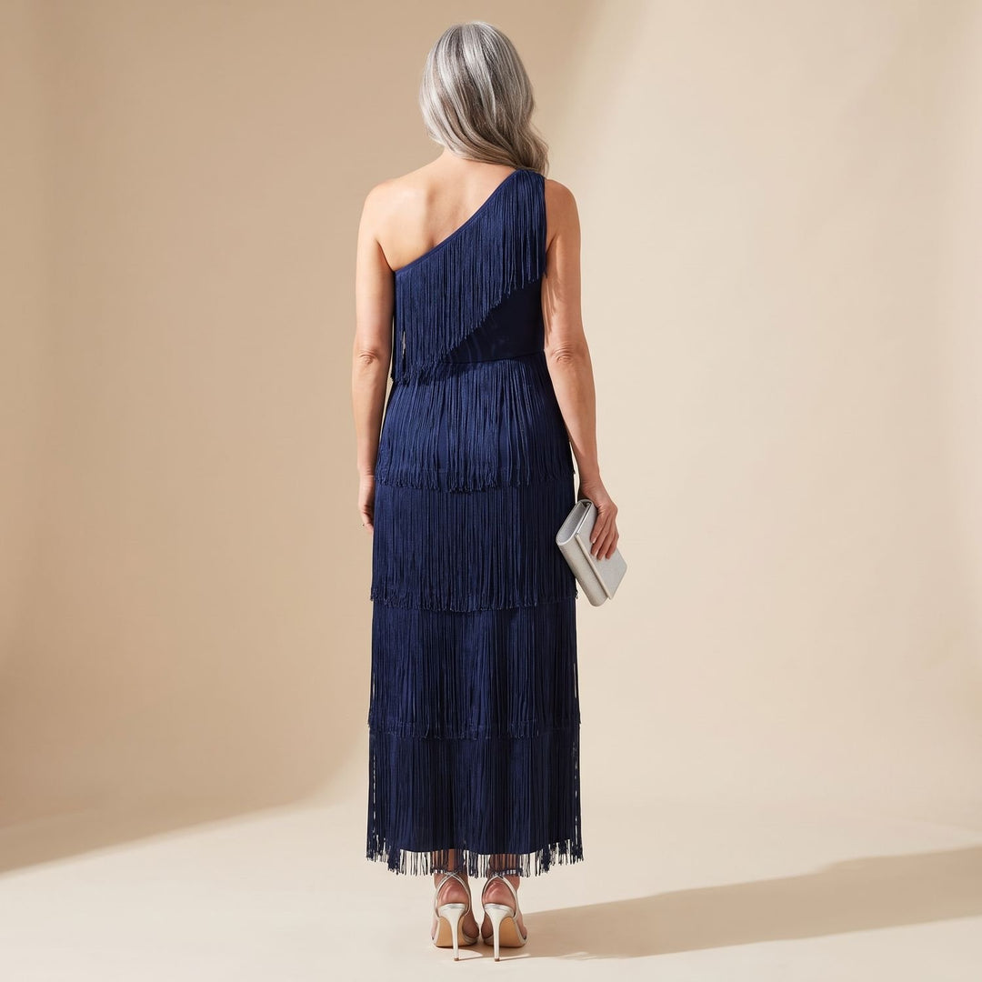 Damen Elegantes One-Shoulder Maxi-Kleid mit Fransen