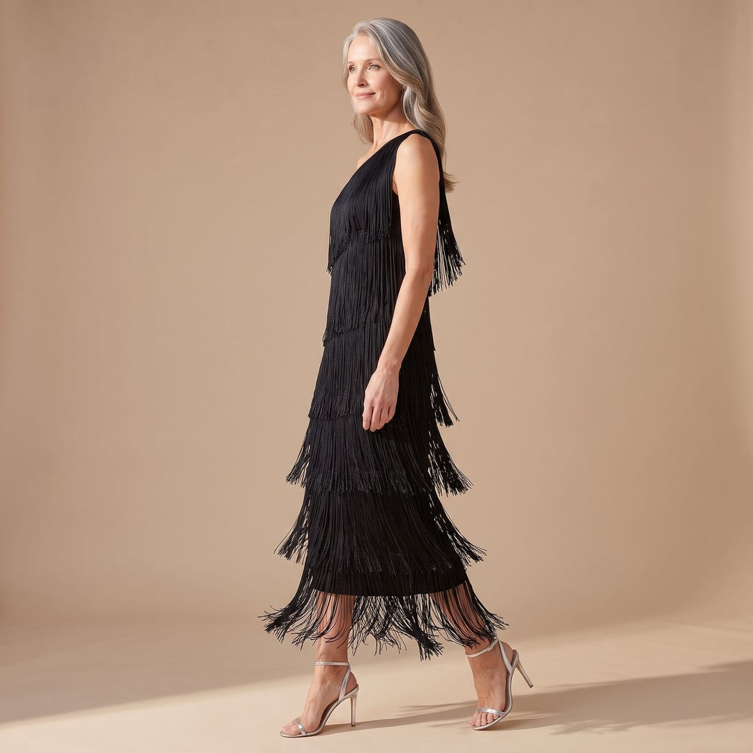 Damen Elegantes One-Shoulder Maxi-Kleid mit Fransen