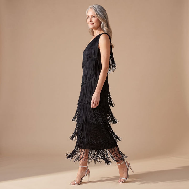 Damen Elegantes One-Shoulder Maxi-Kleid mit Fransen
