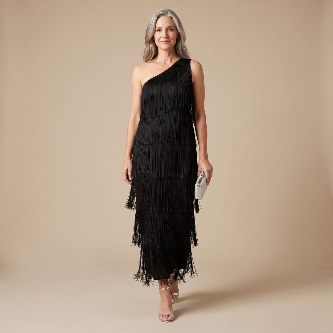 Damen Elegantes One-Shoulder Maxi-Kleid mit Fransen - Schwarz
