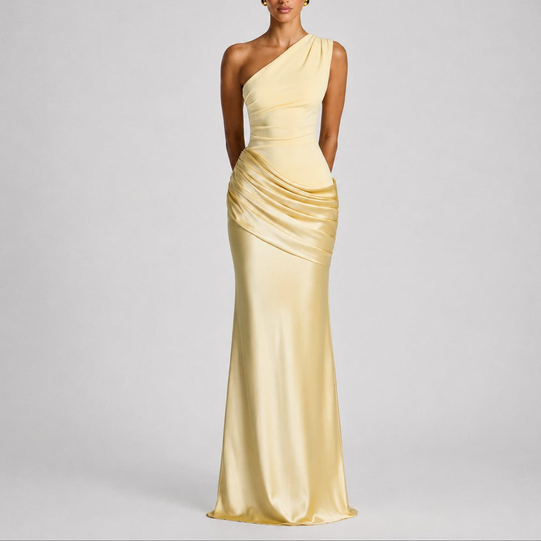 Damen Elegantes One-Shoulder Satin-Maxikleid für Hochzeitsgäste im Herbst - Gelb