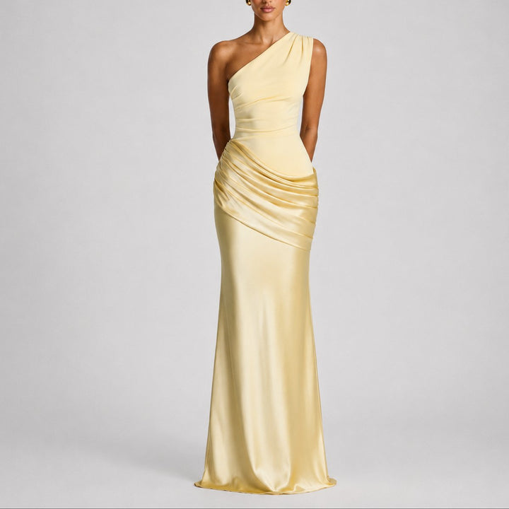 Damen Elegantes One-Shoulder Satin-Maxikleid für Hochzeitsgäste im Herbst - Gelb