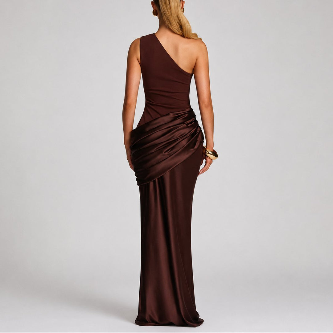 Damen Elegantes One-Shoulder Satin-Maxikleid für Hochzeitsgäste im Herbst