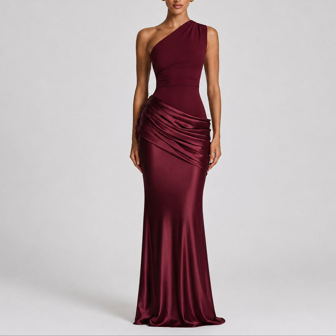 Damen Elegantes One-Shoulder Satin-Maxikleid für Hochzeitsgäste im Herbst - Rot