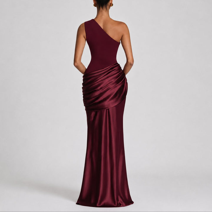 Damen Elegantes One-Shoulder Satin-Maxikleid für Hochzeitsgäste im Herbst