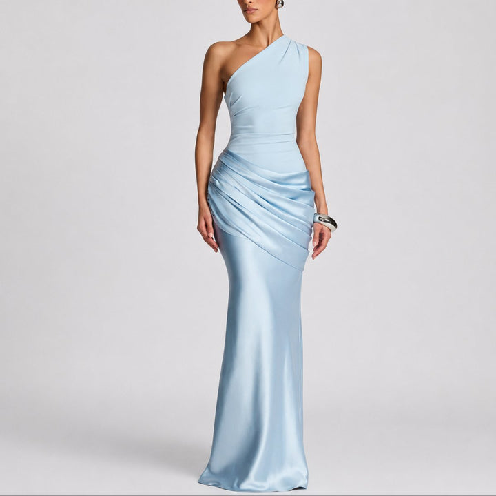 Damen Elegantes One-Shoulder Satin-Maxikleid für Hochzeitsgäste im Herbst - Hellblau
