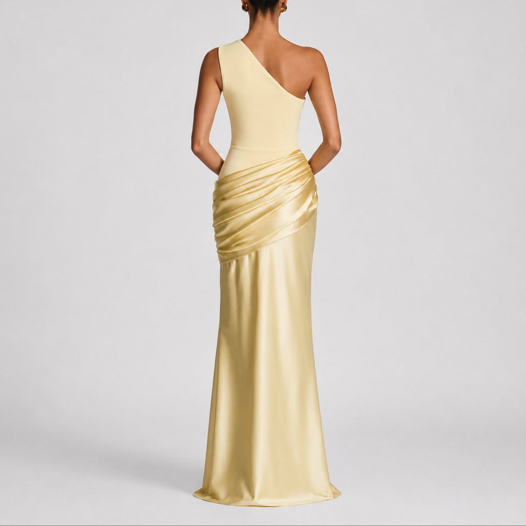 Damen Elegantes One-Shoulder Satin-Maxikleid für Hochzeitsgäste im Herbst