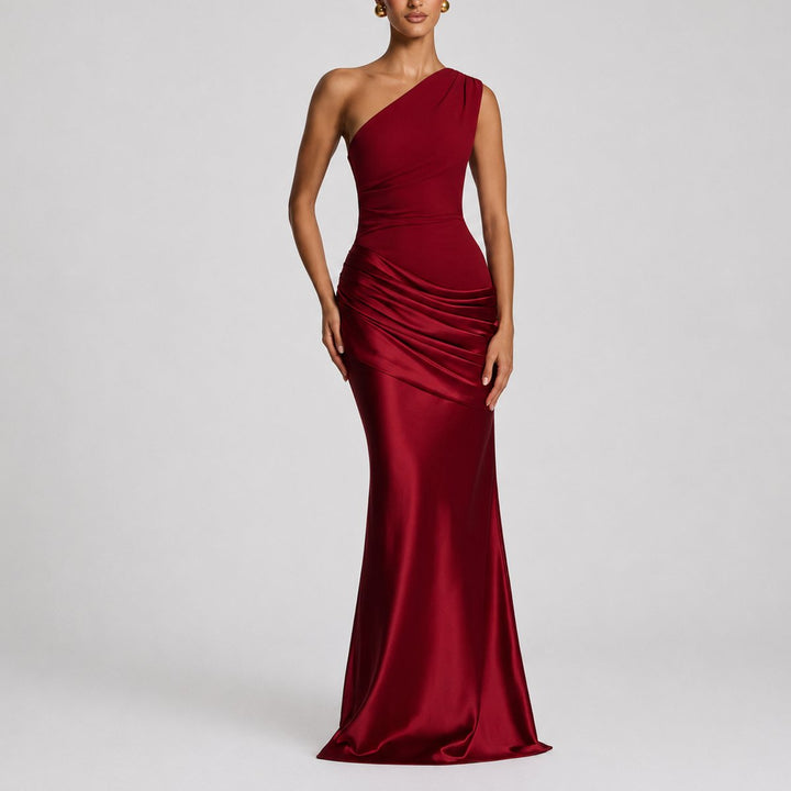 Damen Elegantes One-Shoulder Satin-Maxikleid für Hochzeitsgäste im Herbst