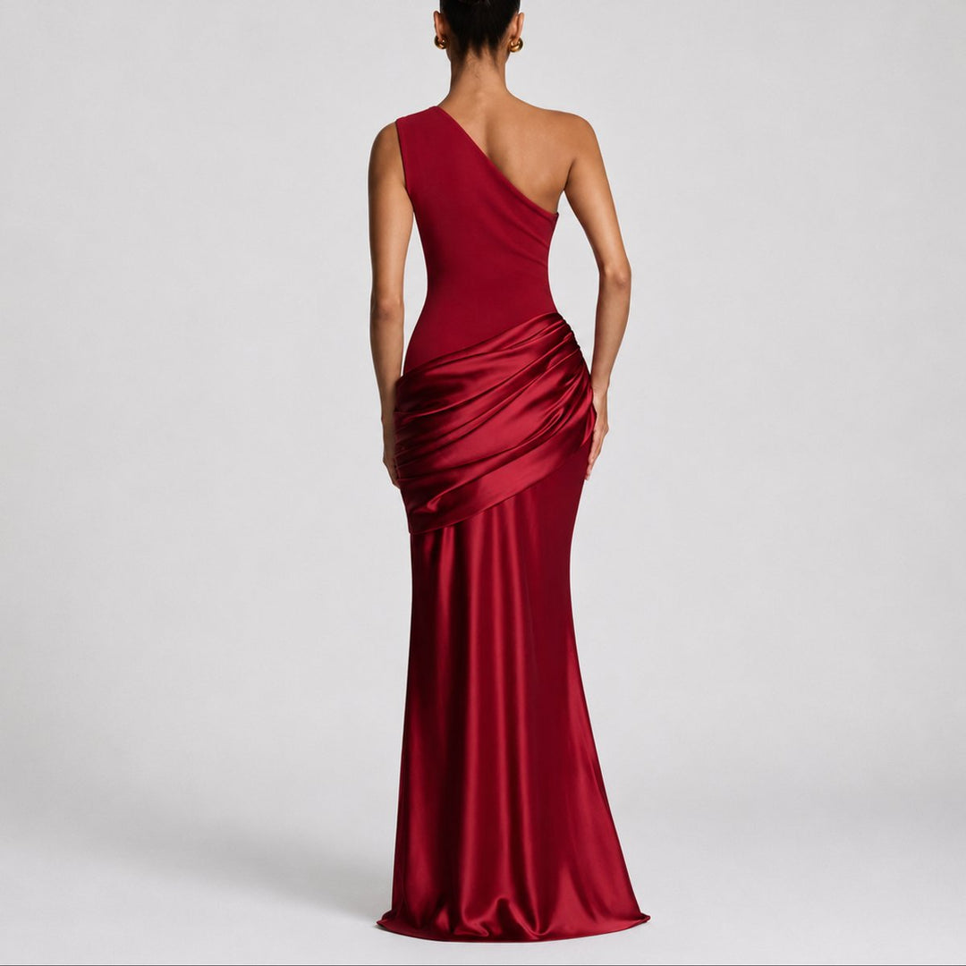 Damen Elegantes One-Shoulder Satin-Maxikleid für Hochzeitsgäste im Herbst
