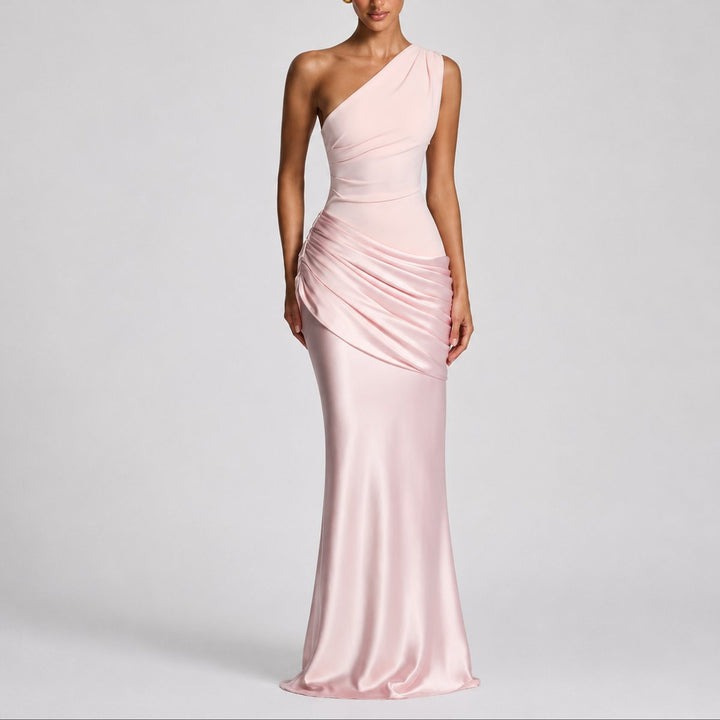 Damen Elegantes One-Shoulder Satin-Maxikleid für Hochzeitsgäste im Herbst - Rosa