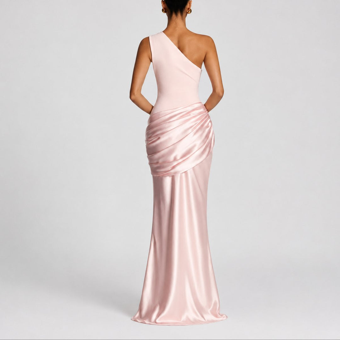 Damen Elegantes One-Shoulder Satin-Maxikleid für Hochzeitsgäste im Herbst
