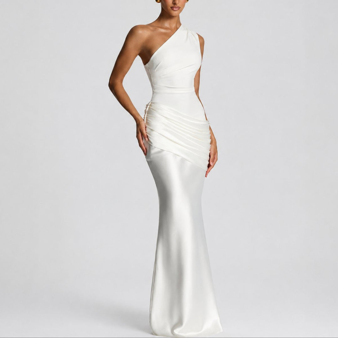 Damen Elegantes One-Shoulder Satin-Maxikleid für Hochzeitsgäste im Herbst - Weiß