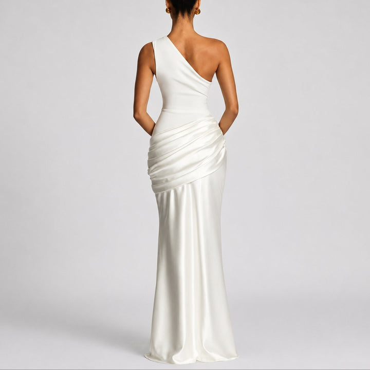 Damen Elegantes One-Shoulder Satin-Maxikleid für Hochzeitsgäste im Herbst