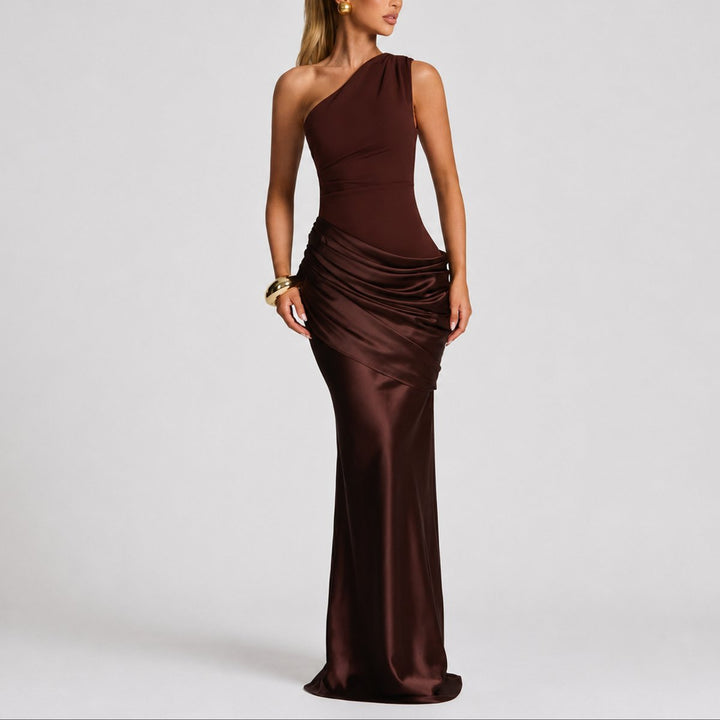 Damen Elegantes One-Shoulder Satin-Maxikleid für Hochzeitsgäste im Herbst - Braun