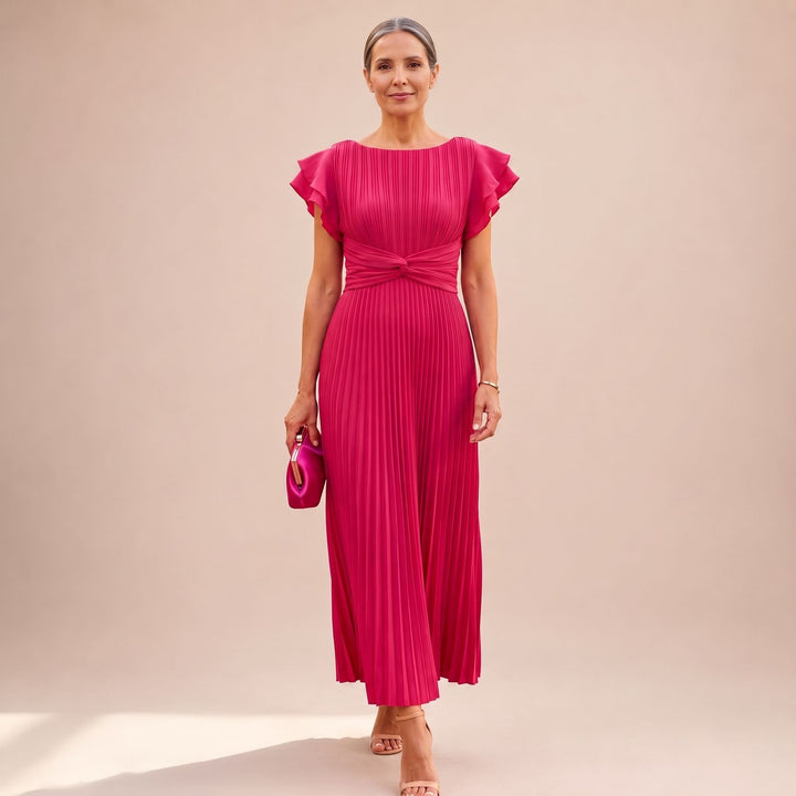Damen Elegantes Plissee Maxi Kleid mit Rüschenärmeln Taillendrehung - Pink