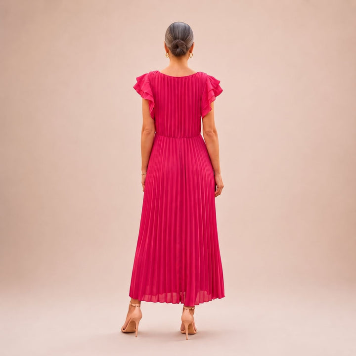Damen Elegantes Plissee Maxi Kleid mit Rüschenärmeln Taillendrehung
