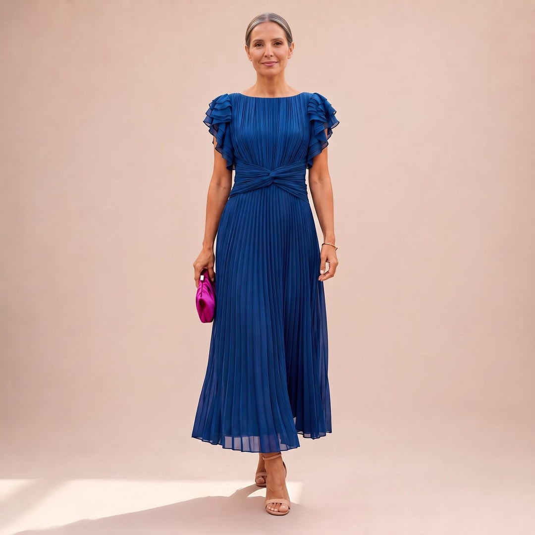 Damen Elegantes Plissee Maxi Kleid mit Rüschenärmeln Taillendrehung - Blau