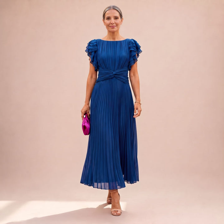 Damen Elegantes Plissee Maxi Kleid mit Rüschenärmeln Taillendrehung - Blau