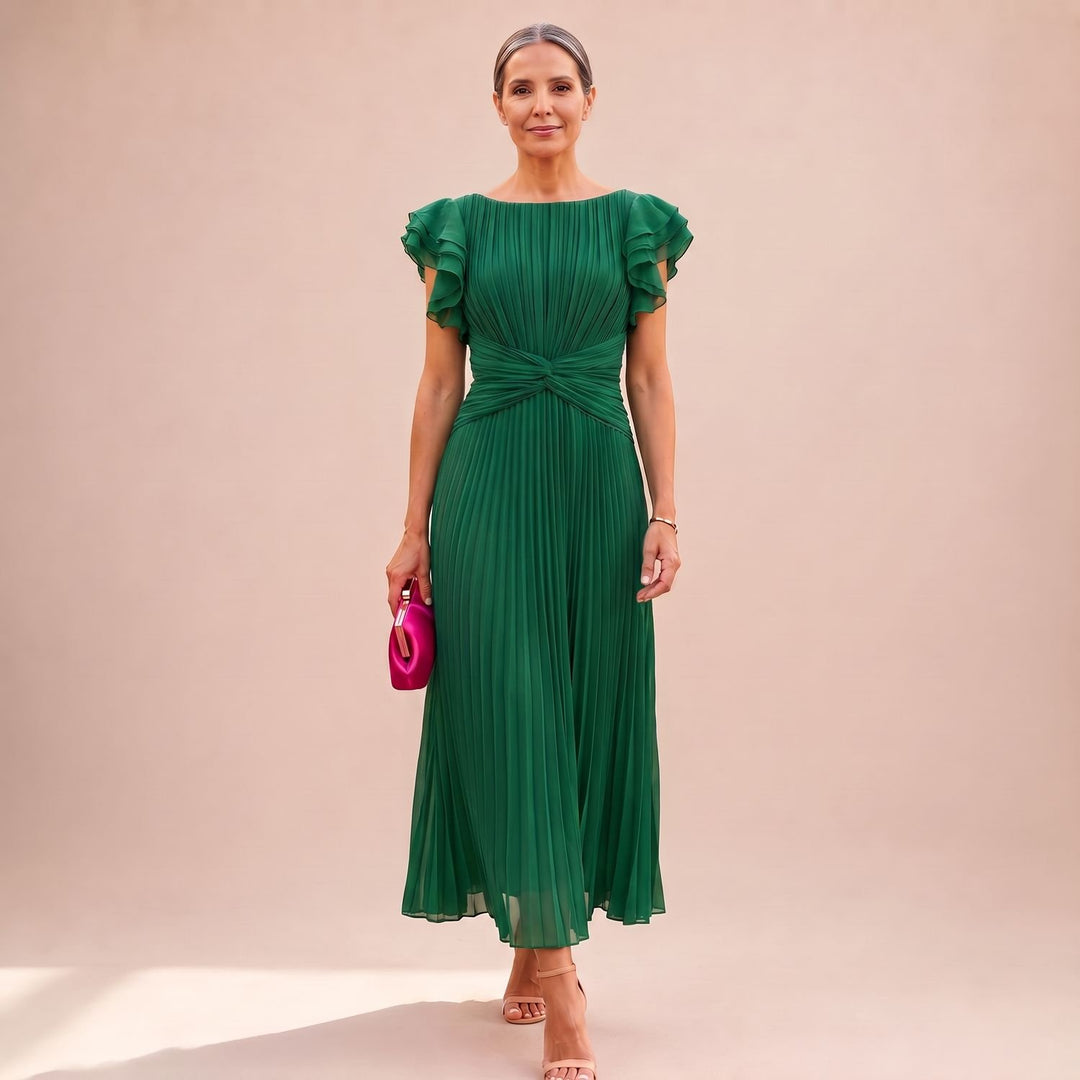 Damen Elegantes Plissee Maxi Kleid mit Rüschenärmeln Taillendrehung - Grün