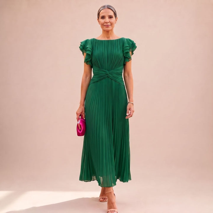 Damen Elegantes Plissee Maxi Kleid mit Rüschenärmeln Taillendrehung - Grün