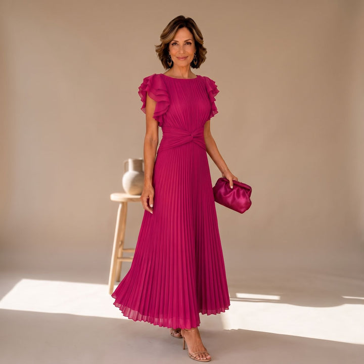 Damen Elegantes Plissee-Midikleid mit Rüschenärmeln und Twist-Taille - Pink