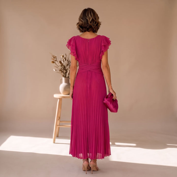 Damen Elegantes Plissee-Midikleid mit Rüschenärmeln und Twist-Taille