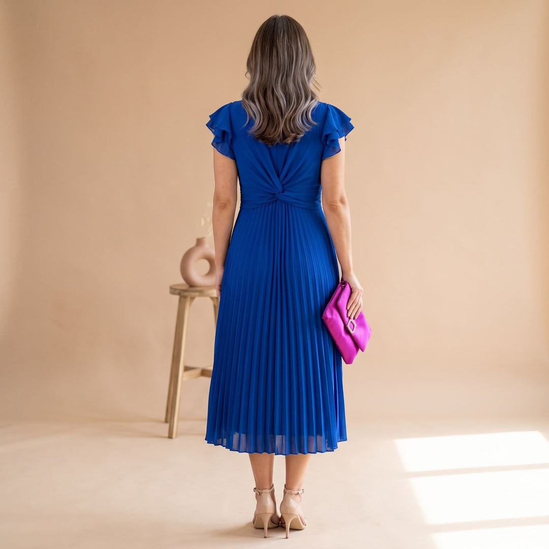 Damen Elegantes Plissee-Midikleid mit Rüschenärmeln und Twist-Taille