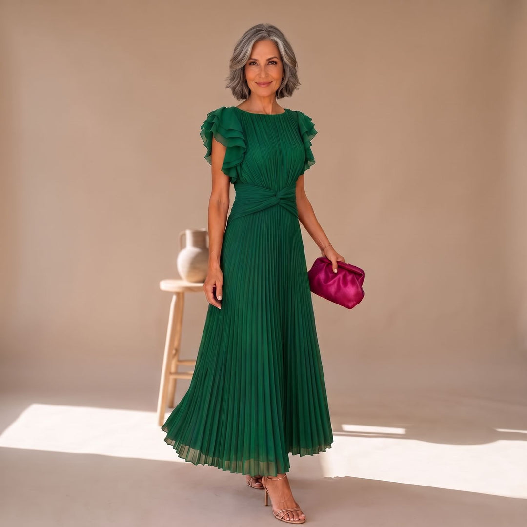 Damen Elegantes Plissee-Midikleid mit Rüschenärmeln und Twist-Taille - Grün
