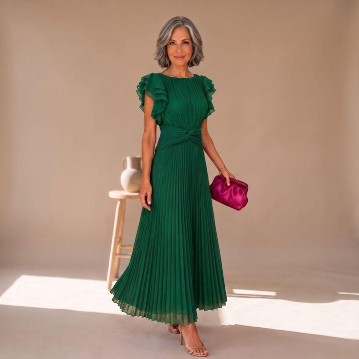 Damen Elegantes Plissee-Midikleid mit Rüschenärmeln und Twist-Taille - Grün