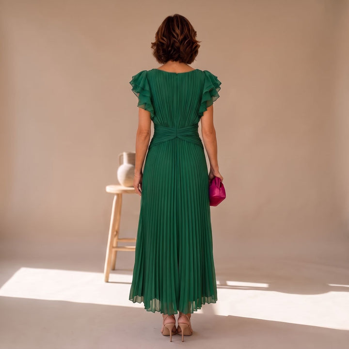Damen Elegantes Plissee-Midikleid mit Rüschenärmeln und Twist-Taille