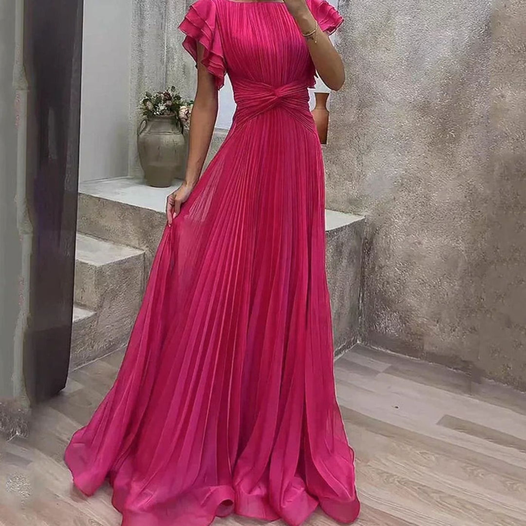Damen Elegantes Plissiertes A-Linie Abend-Maxikleid mit Rüschenärmeln - Rosa