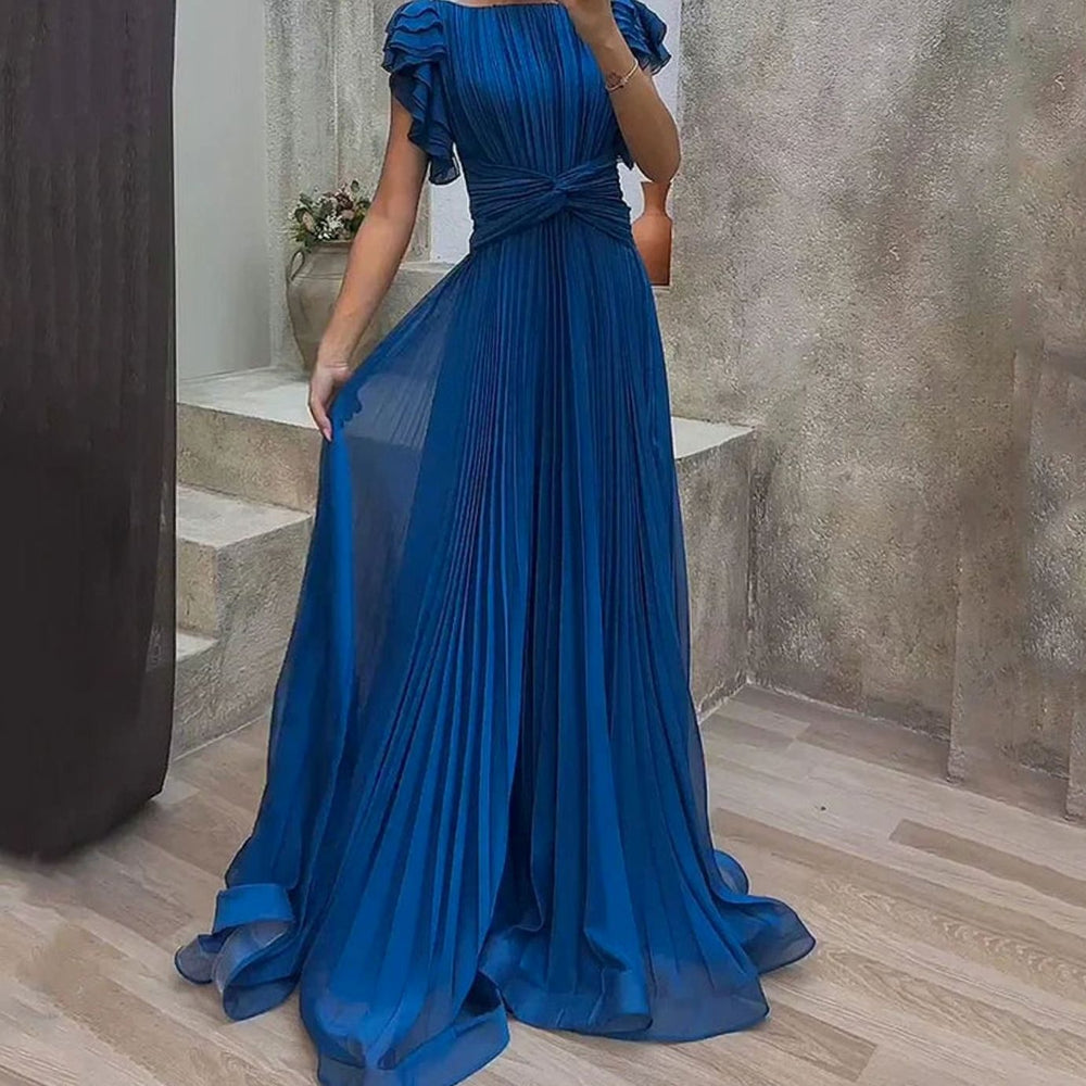 Damen Elegantes Plissiertes A-Linie Abend-Maxikleid mit Rüschenärmeln - Blau