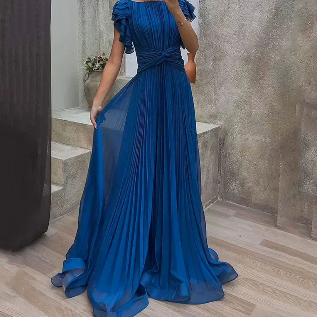 Damen Elegantes Plissiertes A-Linie Abend-Maxikleid mit Rüschenärmeln - Blau