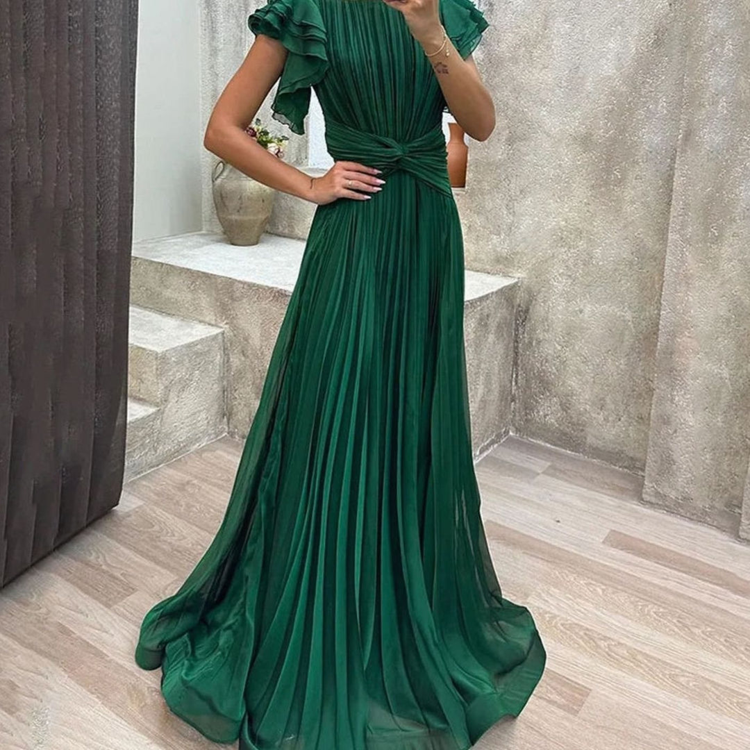 Damen Elegantes Plissiertes A-Linie Abend-Maxikleid mit Rüschenärmeln - Grün
