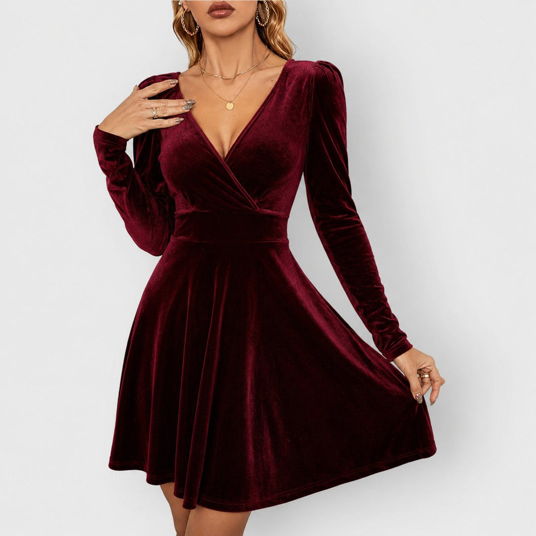 Damen Elegantes Samtkleid mit V-Ausschnitt Festliches Skater-Abendkleid - Rot