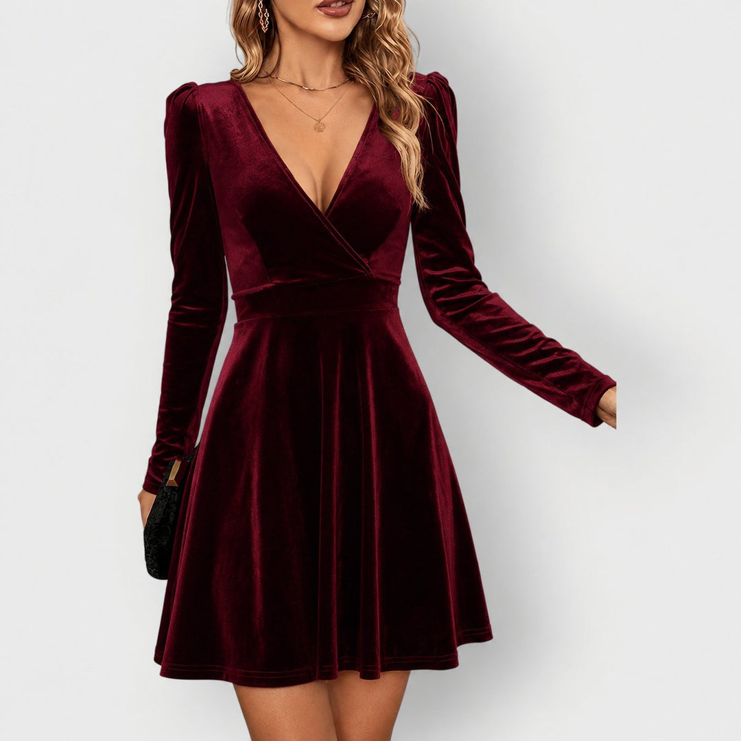 Damen Elegantes Samtkleid mit V-Ausschnitt Festliches Skater-Abendkleid