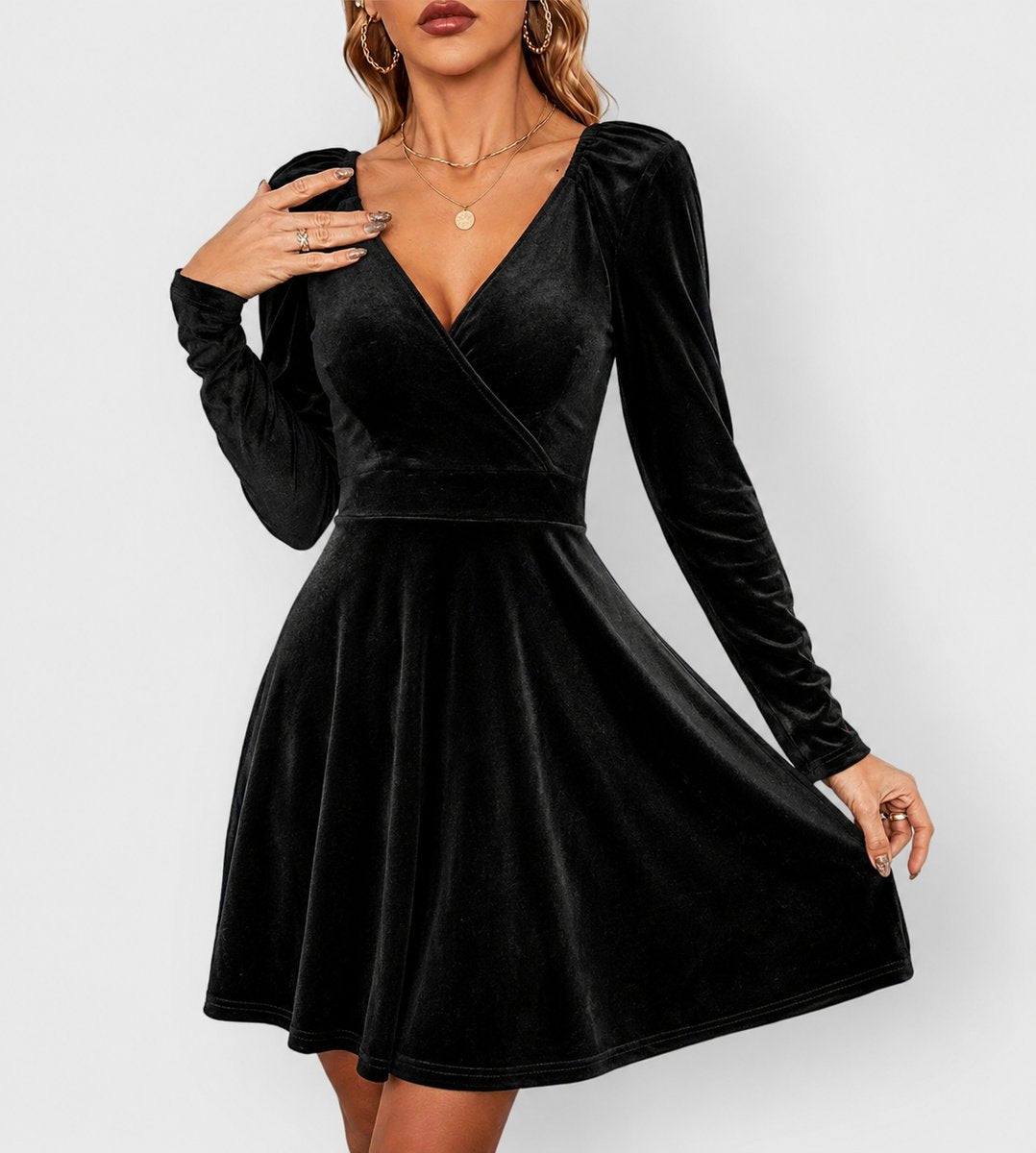 Damen Elegantes Samtkleid mit V-Ausschnitt Festliches Skater-Abendkleid - Schwarz