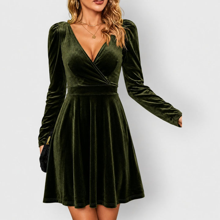Damen Elegantes Samtkleid mit V-Ausschnitt Festliches Skater-Abendkleid