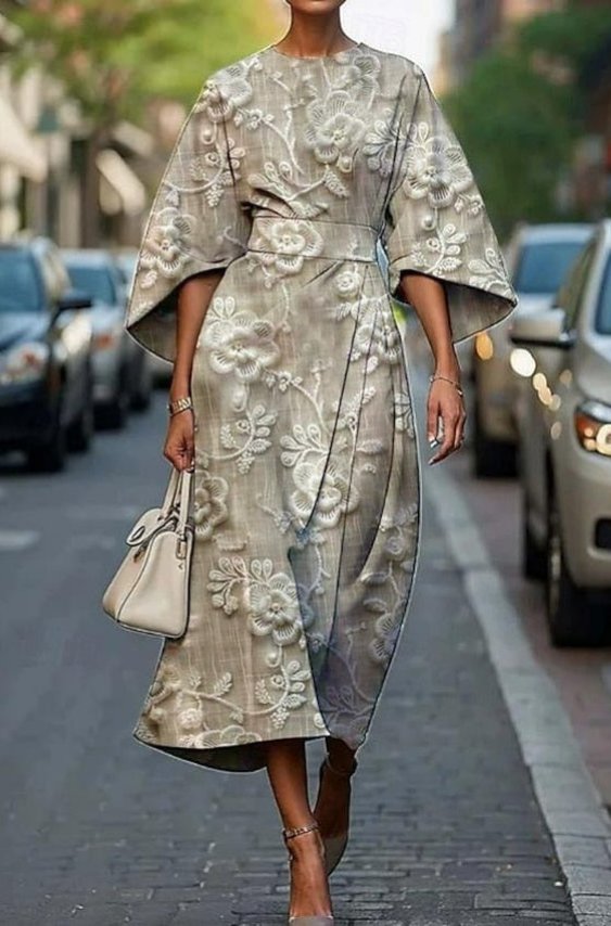 Damen Elegantes Seiden Kimono-Ärmel Tailliertes Midi-Kleid - Beige
