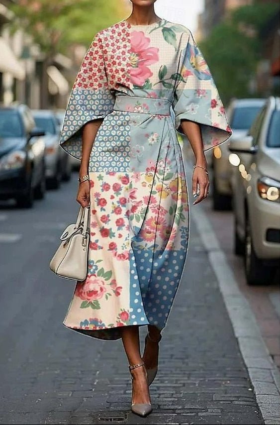 Damen Elegantes Seiden Kimono-Ärmel Tailliertes Midi-Kleid - Light Blue