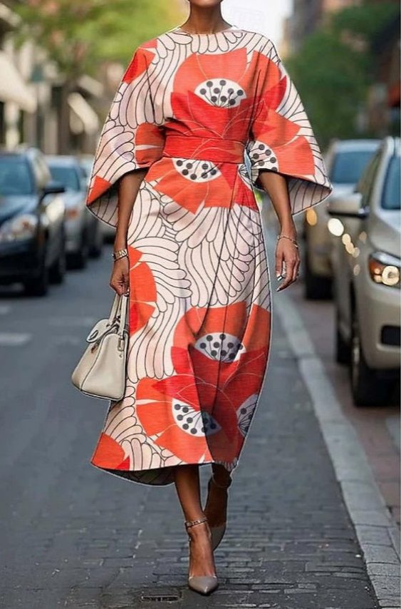 Damen Elegantes Seiden Kimono-Ärmel Tailliertes Midi-Kleid - Orange