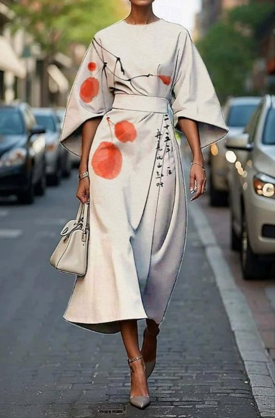 Damen Elegantes Seiden Kimono-Ärmel Tailliertes Midi-Kleid - Off White