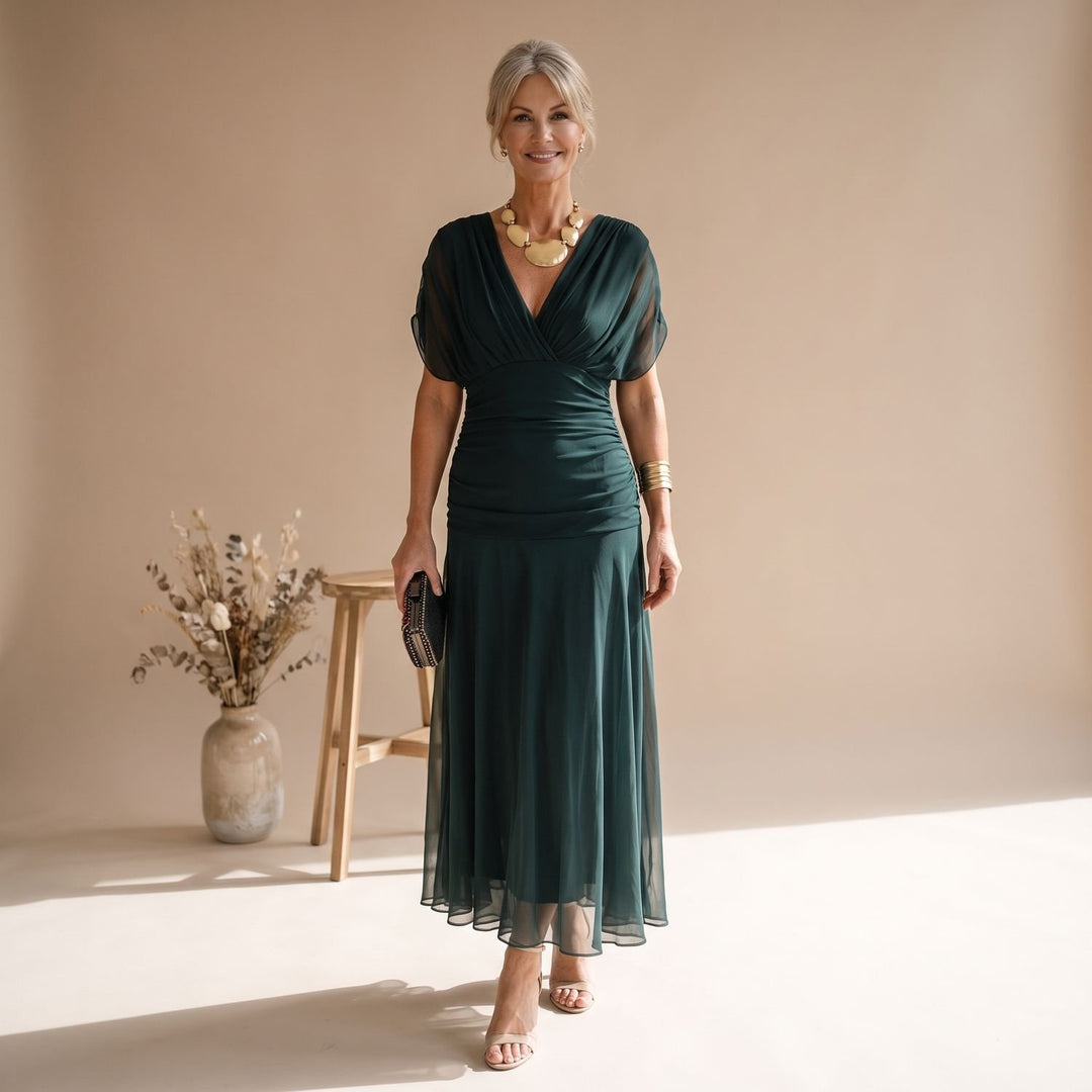 Damen Elegantes V-Ausschnitt Abendkleid mit Flatterärmeln Midi - Dunkelgrün