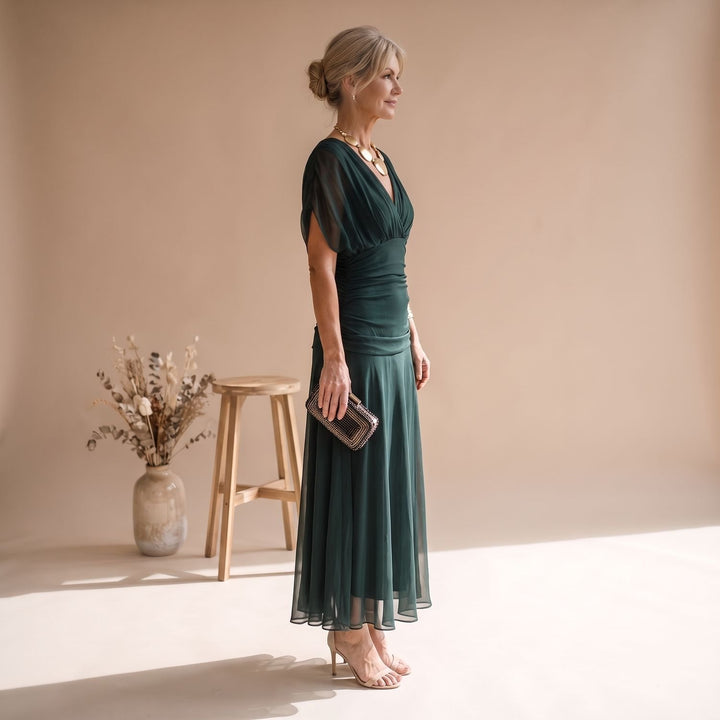 Damen Elegantes V-Ausschnitt Abendkleid mit Flatterärmeln Midi